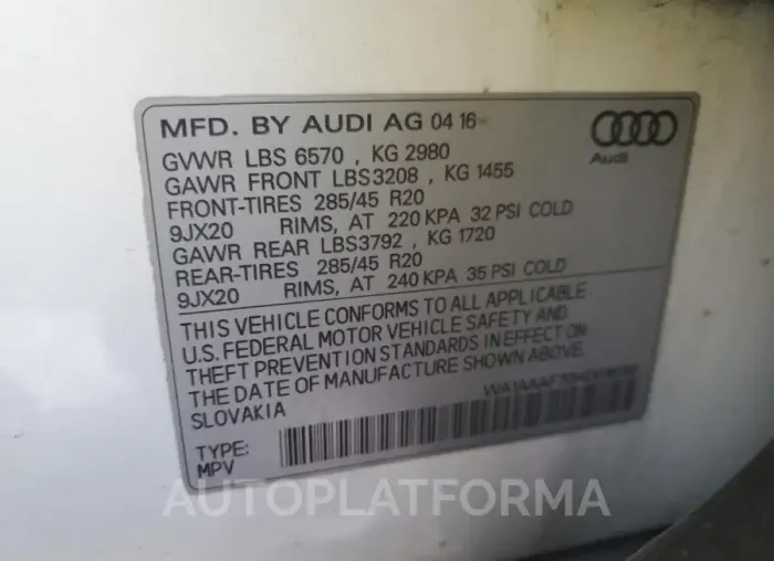 AUDI Q7 PREMIUM 2017 vin WA1AAAF70HD016130 from auto auction Copart