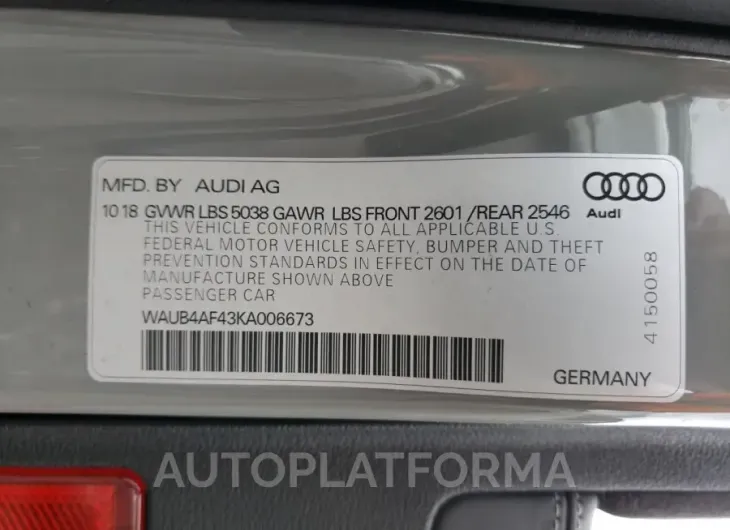 AUDI S4 PREMIUM 2019 vin WAUB4AF43KA006673 from auto auction Copart