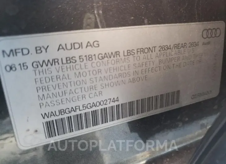 AUDI S4 PREMIUM 2016 vin WAUBGAFL5GA002744 from auto auction Copart