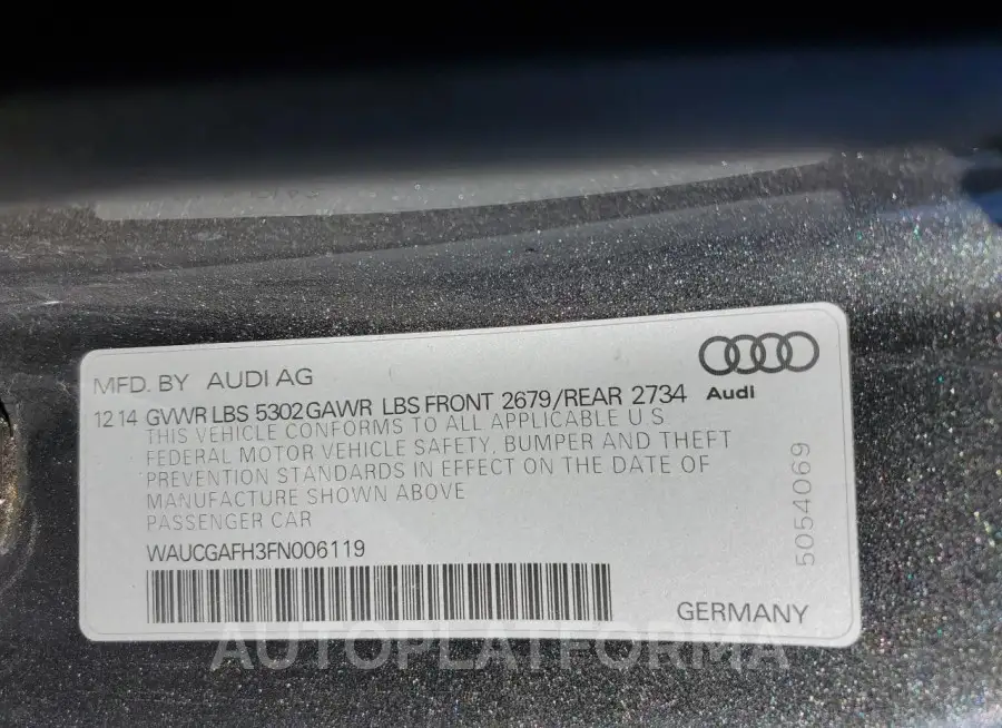 AUDI S5 PREMIUM 2015 vin WAUCGAFH3FN006119 from auto auction Copart