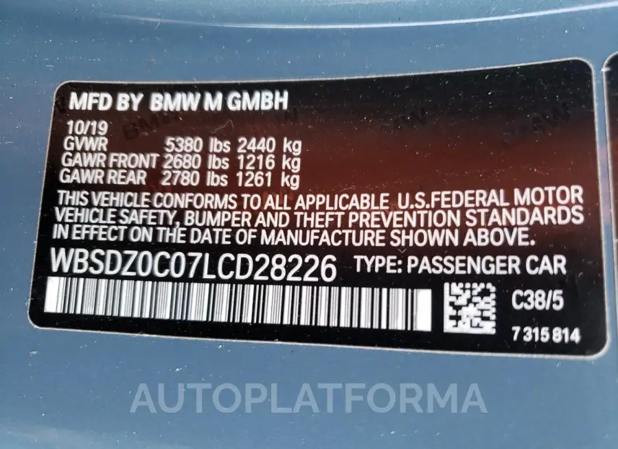 BMW M8 2020 vin WBSDZ0C07LCD28226 from auto auction Copart