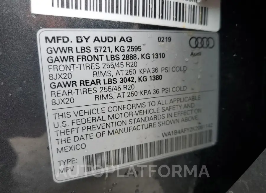 AUDI SQ5 PREMIU 2019 vin WA1B4AFY2K2061142 from auto auction Copart