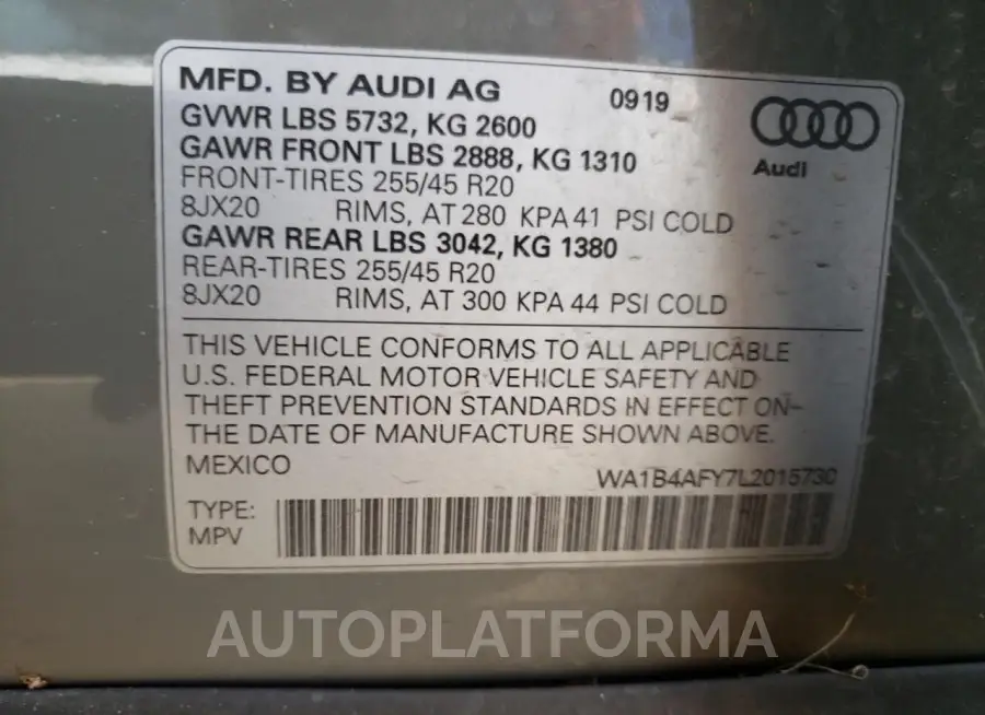 AUDI SQ5 PREMIU 2020 vin WA1B4AFY7L2015730 from auto auction Copart