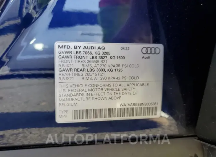 AUDI E-TRON CHR 2022 vin WA1VABGE8NB035861 from auto auction Copart