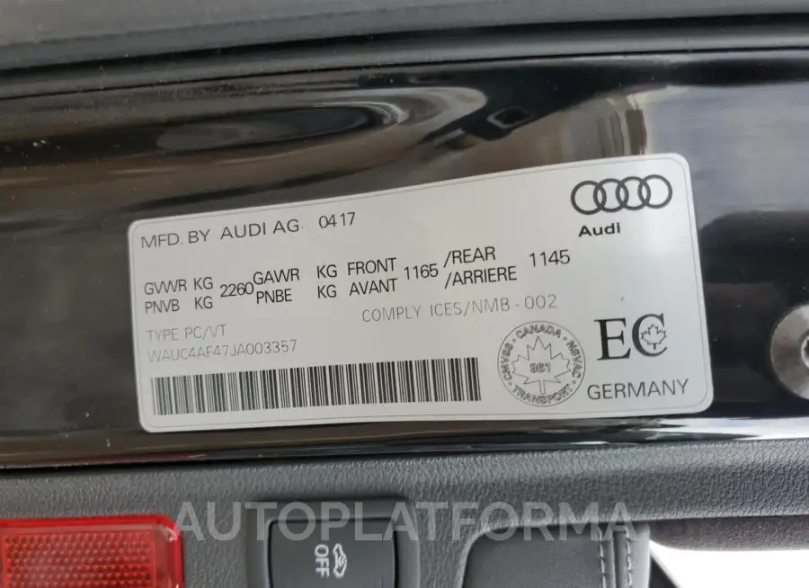 AUDI S4 PRESTIG 2018 vin WAUC4AF47JA003357 from auto auction Copart