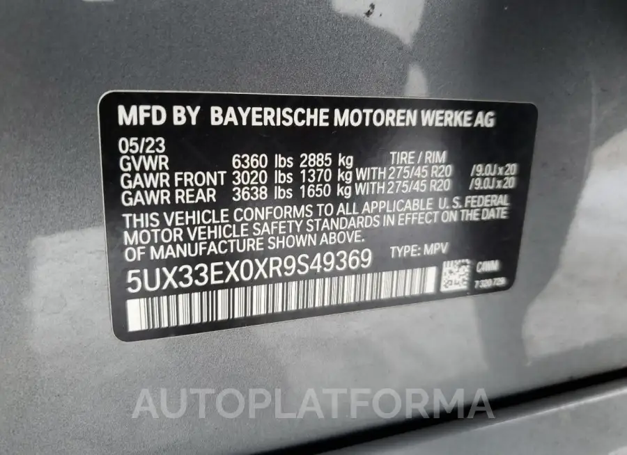 BMW X6 XDRIVE4 2024 vin 5UX33EX0XR9S49369 from auto auction Copart