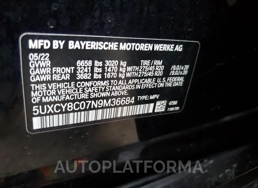 BMW X6 M50I 2022 vin 5UXCY8C07N9M36684 from auto auction Copart