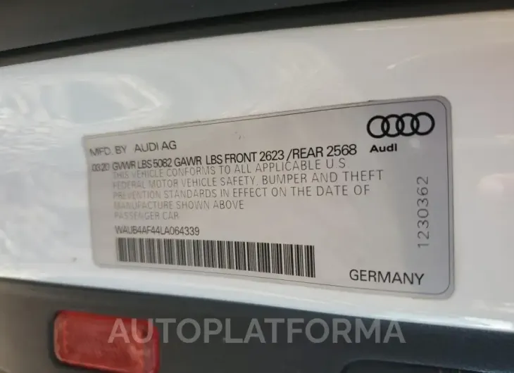 AUDI S4 PREMIUM 2020 vin WAUB4AF44LA064339 from auto auction Copart