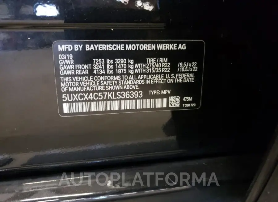 BMW X7 XDRIVE5 2019 vin 5UXCX4C57KLS36393 from auto auction Copart