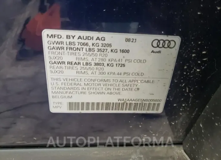 AUDI E-TRON PRE 2022 vin WA1AAAGE5NB005600 from auto auction Copart