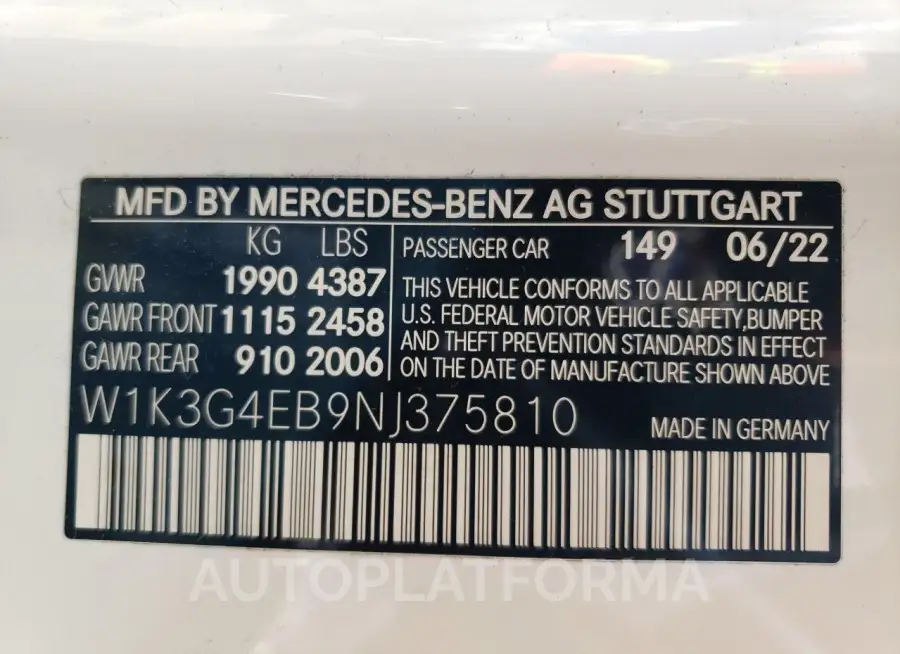 MERCEDES-BENZ A 220 2022 vin W1K3G4EB9NJ375810 from auto auction Copart