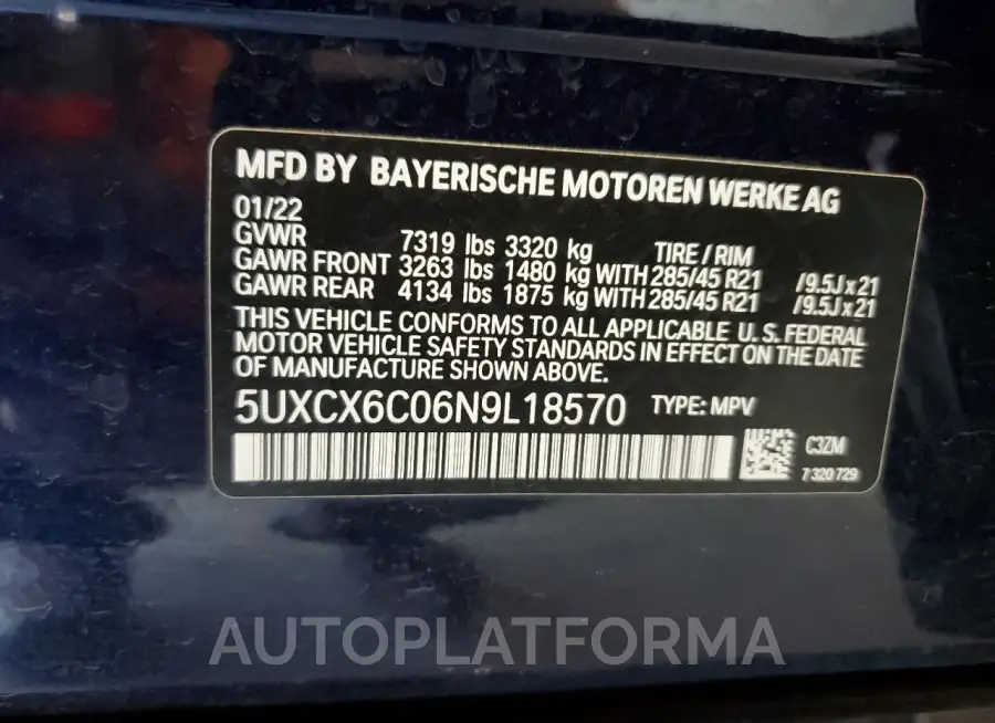 BMW X7 M50I 2022 vin 5UXCX6C06N9L18570 from auto auction Copart