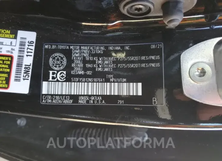 TOYOTA SEQUOIA LI 2022 vin 5TDFY5B12NS187641 from auto auction Copart