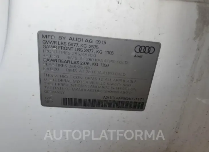 AUDI SQ5 PREMIU 2016 vin WA1CCAFP9GA051171 from auto auction Copart