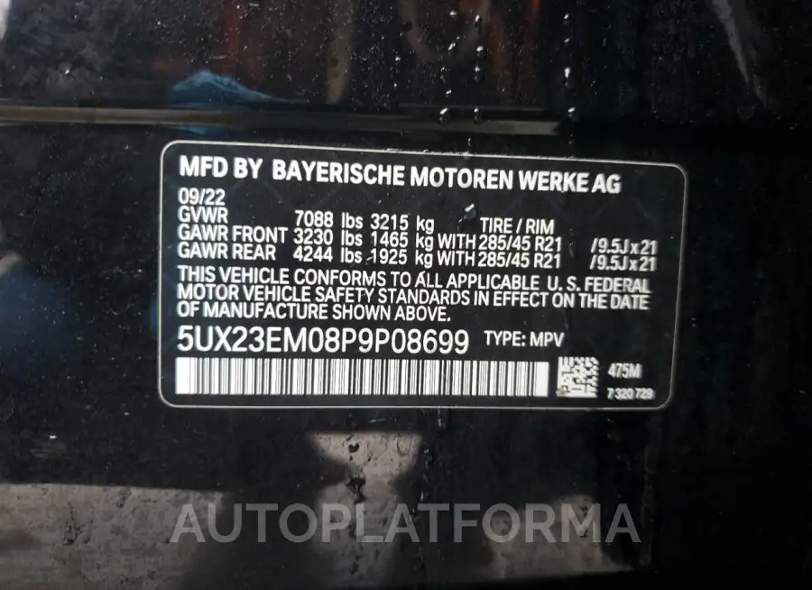 BMW X7 XDRIVE4 2023 vin 5UX23EM08P9P08699 from auto auction Copart