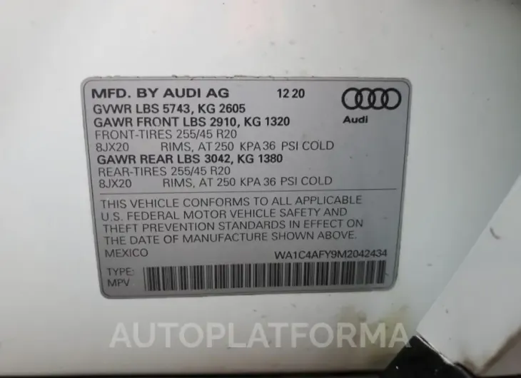 AUDI SQ5 PRESTI 2021 vin WA1C4AFY9M2042434 from auto auction Copart