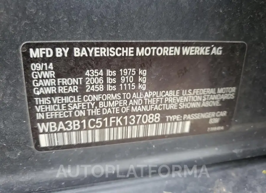 BMW 320 I 2015 vin WBA3B1C51FK137088 from auto auction Copart