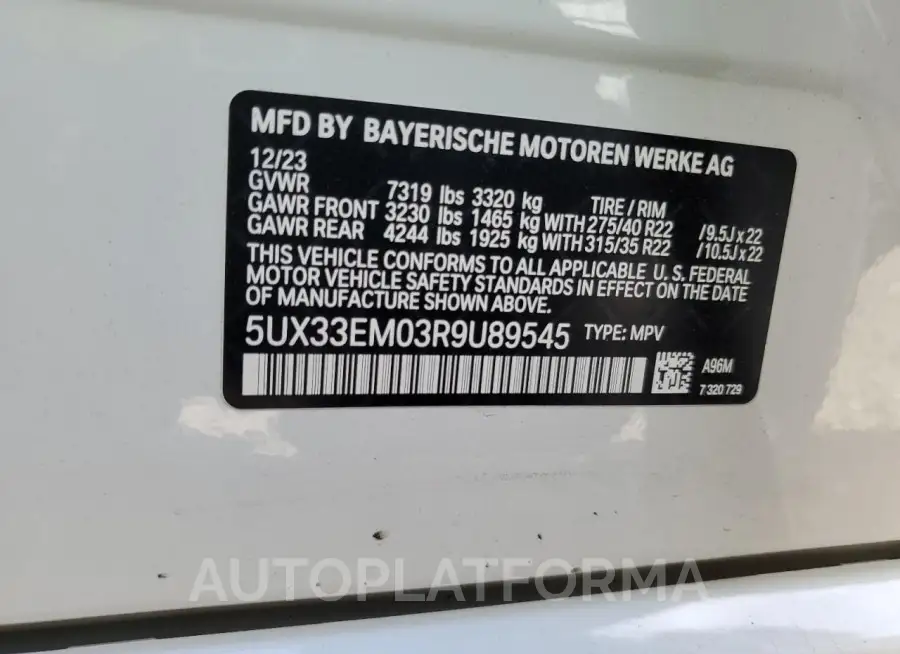 BMW X7 M60I 2024 vin 5UX33EM03R9U89545 from auto auction Copart