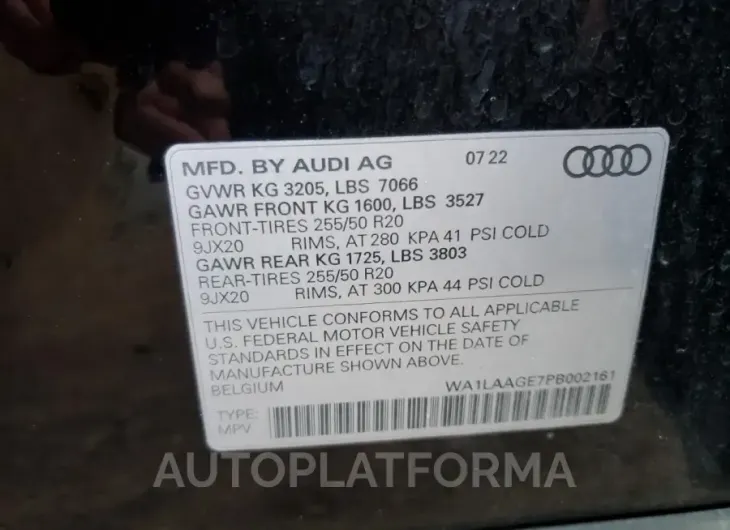 AUDI E-TRON PRE 2023 vin WA1LAAGE7PB002161 from auto auction Copart