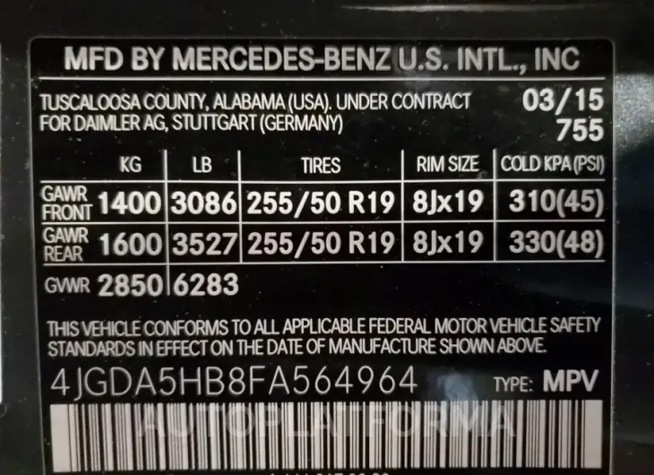 MERCEDES-BENZ ML 350 4MA 2015 vin 4JGDA5HB8FA564964 from auto auction Copart