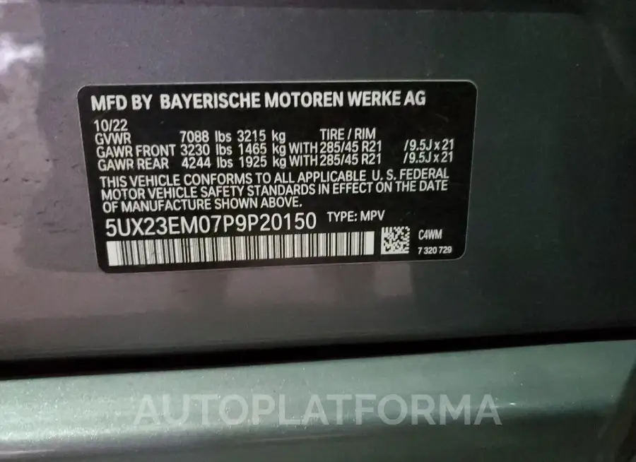 BMW X7 XDRIVE4 2023 vin 5UX23EM07P9P20150 from auto auction Copart