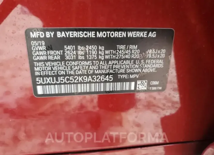 BMW X4 M40I 2019 vin 5UXUJ5C52K9A32645 from auto auction Copart