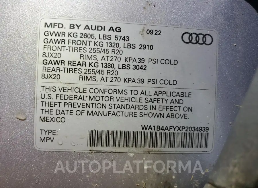 AUDI SQ5 PREMIU 2023 vin WA1B4AFYXP2034939 from auto auction Copart