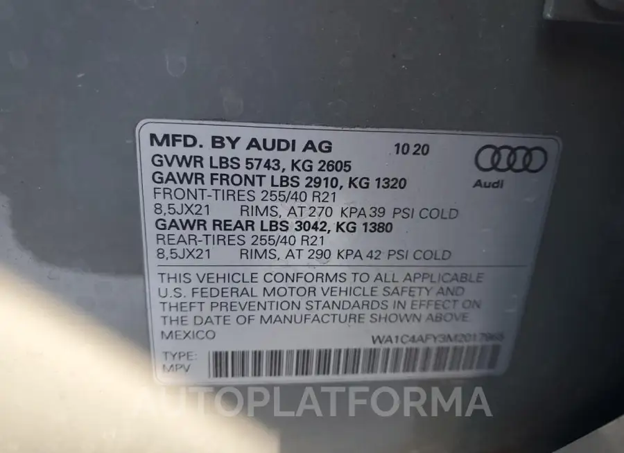 AUDI SQ5 PRESTI 2021 vin WA1C4AFY3M2017965 from auto auction Copart