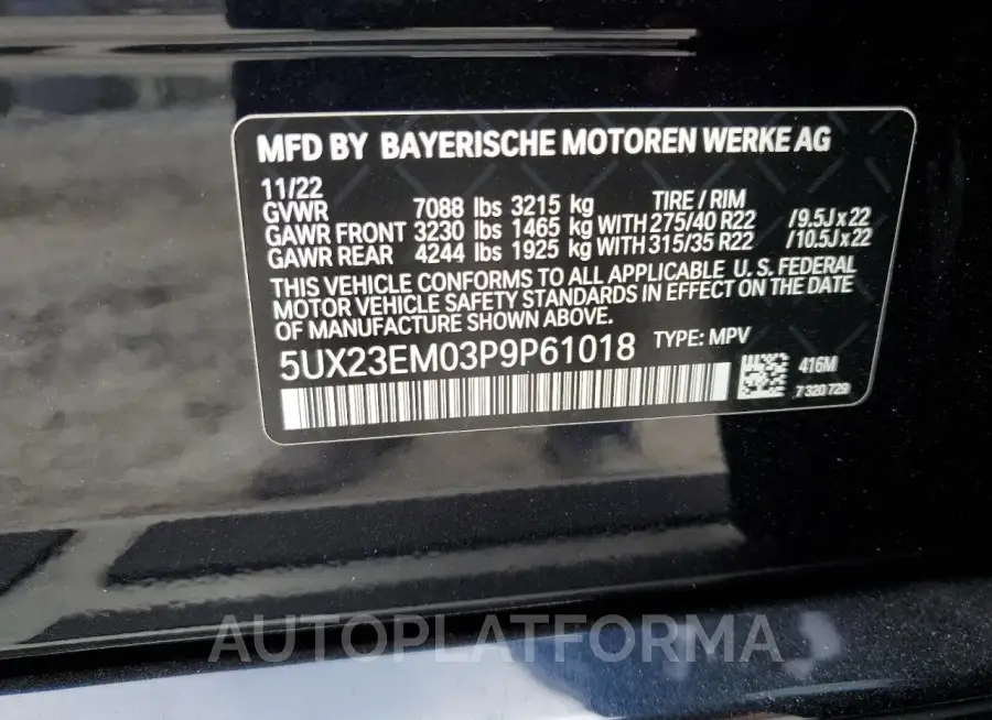 BMW X7 XDRIVE4 2023 vin 5UX23EM03P9P61018 from auto auction Copart