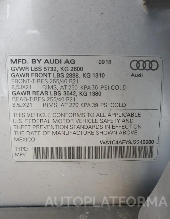 AUDI SQ5 PRESTI 2018 vin WA1C4AFY9J2248980 from auto auction Copart