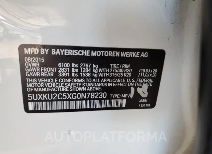 BMW X6 XDRIVE3 2016 vin 5UXKU2C5XG0N78230 from auto auction Copart