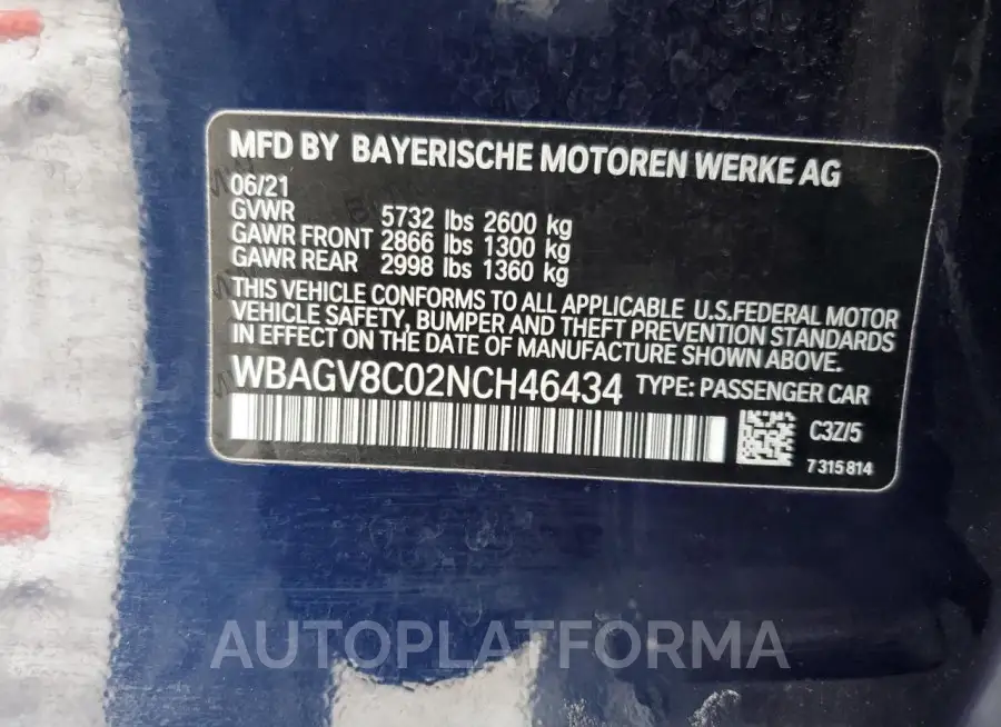 BMW M850XI 2022 vin WBAGV8C02NCH46434 from auto auction Copart