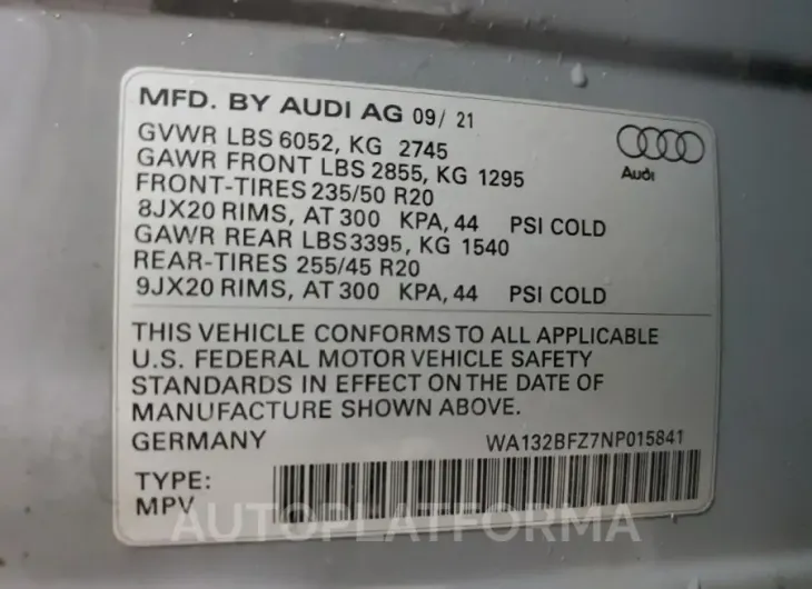 AUDI Q4 E-TRON 2022 vin WA132BFZ7NP015841 from auto auction Copart