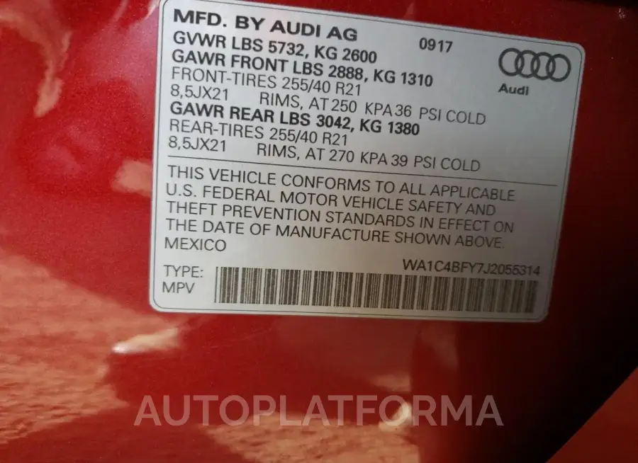 AUDI SQ5 PRESTI 2018 vin WA1C4BFY7J2055314 from auto auction Copart