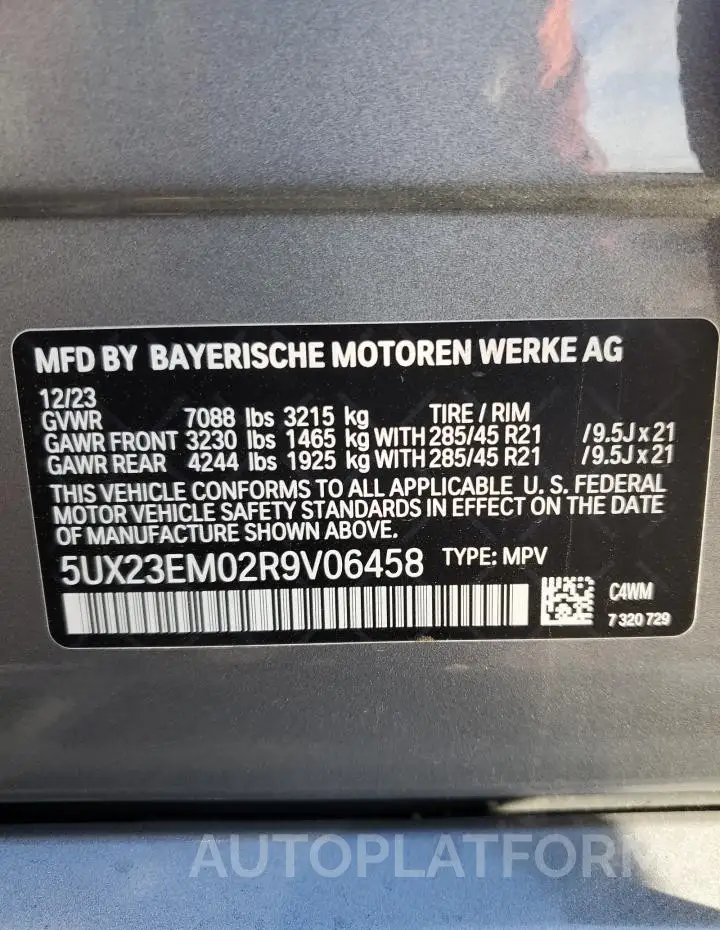 BMW X7 XDRIVE4 2024 vin 5UX23EM02R9V06458 from auto auction Copart