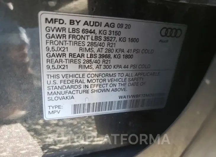 AUDI SQ7 PRESTI 2021 vin WA1VWBF72MD013684 from auto auction Copart