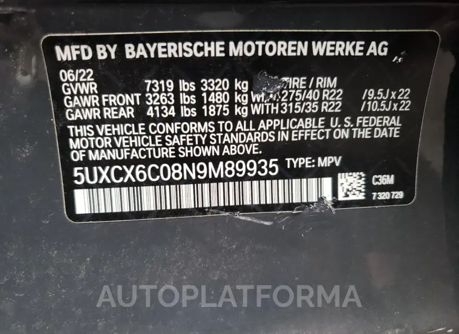 BMW X7 M50I 2022 vin 5UXCX6C08N9M89935 from auto auction Copart