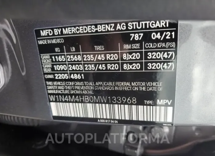 MERCEDES-BENZ GLB 250 4M 2021 vin W1N4M4HB0MW133968 from auto auction Copart