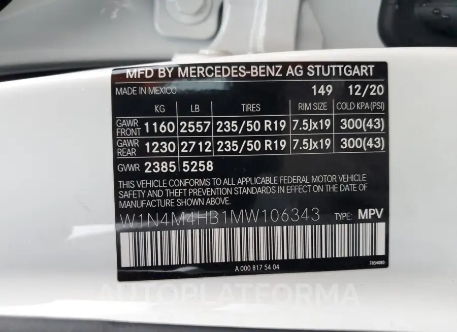 MERCEDES-BENZ GLB 250 4M 2021 vin W1N4M4HB1MW106343 from auto auction Copart