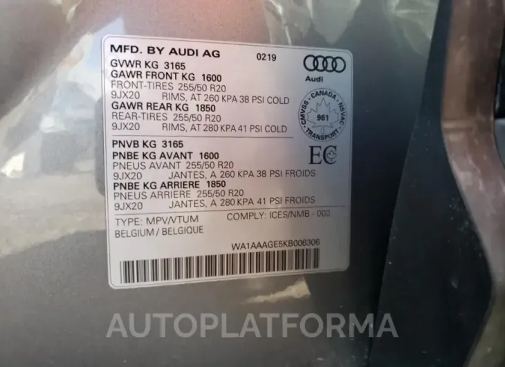 AUDI E-TRON PRO 2019 vin WA1AAAGE5KB006306 from auto auction Copart