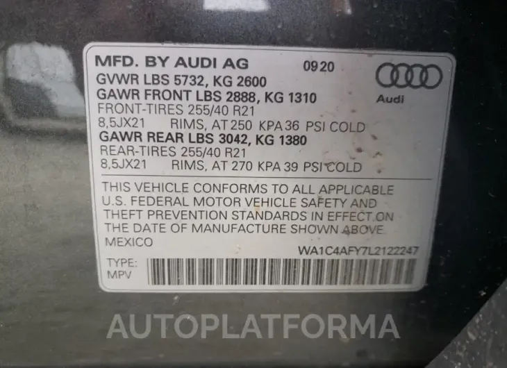 AUDI SQ5 PRESTI 2020 vin WA1C4AFY7L2122247 from auto auction Copart