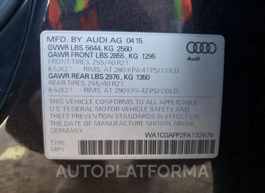 AUDI SQ5 PREMIU 2015 vin WA1CGAFP2FA132676 from auto auction Copart