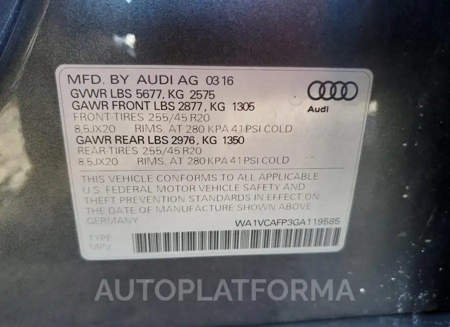 AUDI SQ5 PRESTI 2016 vin WA1VCAFP3GA119585 from auto auction Copart