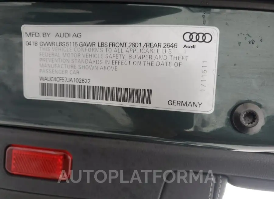 AUDI S5 PRESTIG 2018 vin WAUC4CF57JA102622 from auto auction Copart