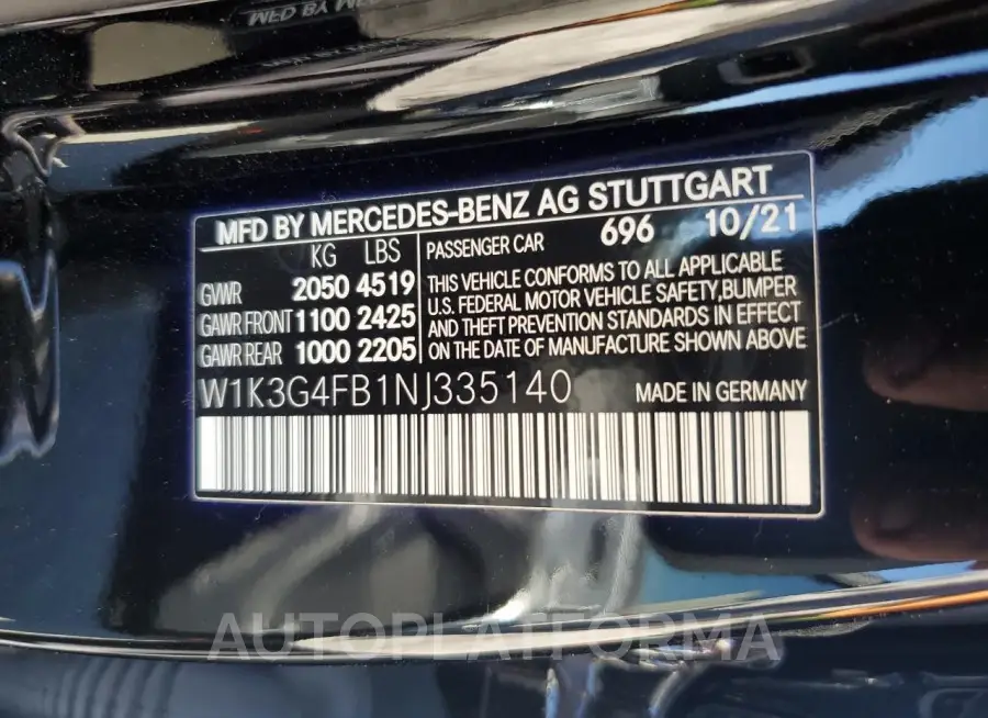 MERCEDES-BENZ A 220 4MAT 2022 vin W1K3G4FB1NJ335140 from auto auction Copart