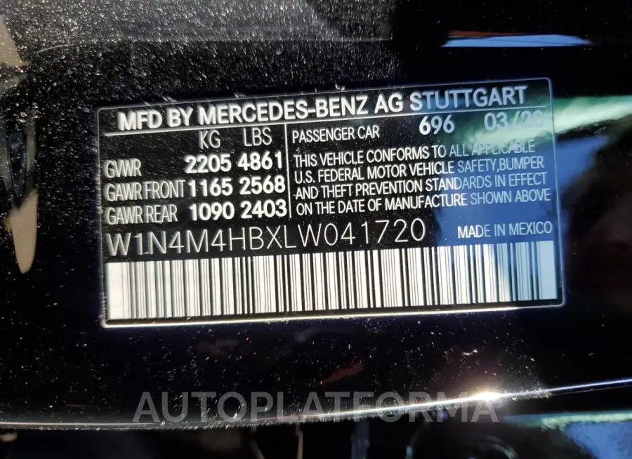 MERCEDES-BENZ GLB 250 4M 2020 vin W1N4M4HBXLW041720 from auto auction Copart