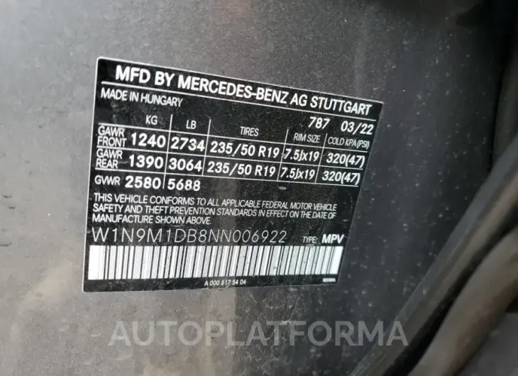 MERCEDES-BENZ EQB 350 4M 2022 vin W1N9M1DB8NN006922 from auto auction Copart