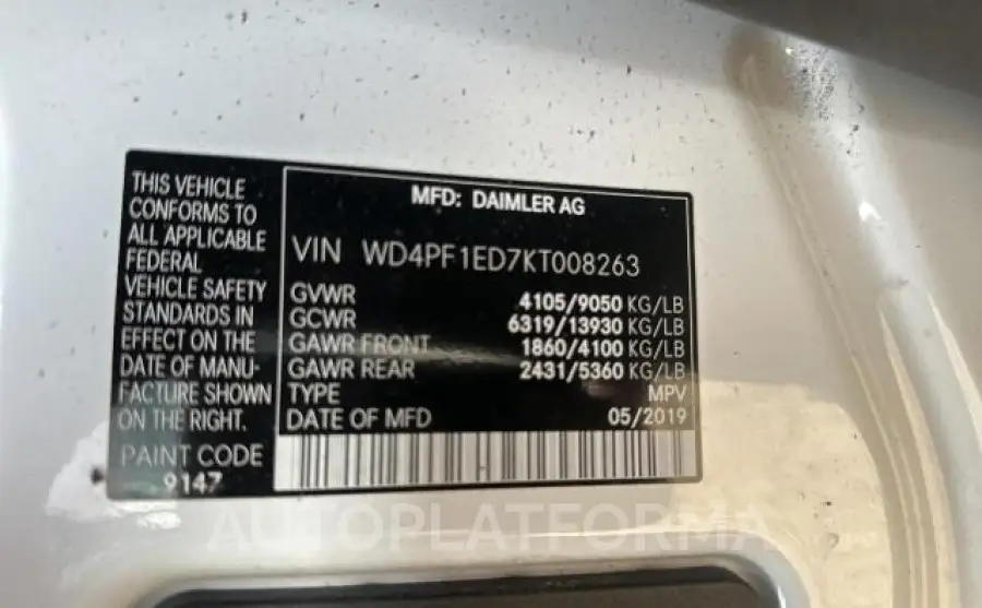 MERCEDES-BENZ SPRINTER 2 2019 vin WD4PF1ED7KT008263 from auto auction Copart