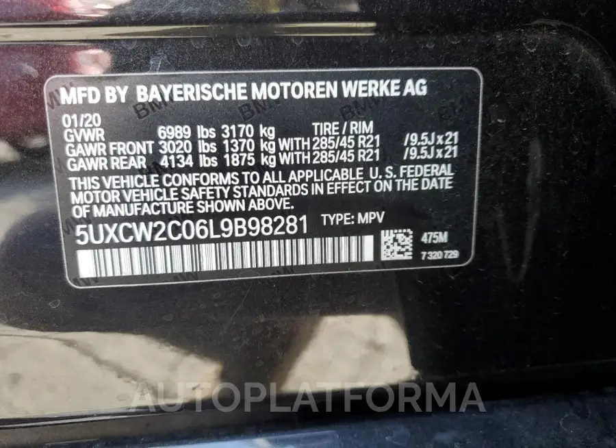 BMW X7 XDRIVE4 2020 vin 5UXCW2C06L9B98281 from auto auction Copart