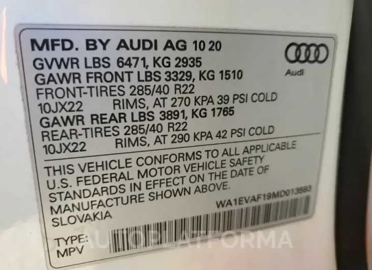 AUDI Q8 PREMIUM 2021 vin WA1EVAF19MD013593 from auto auction Copart